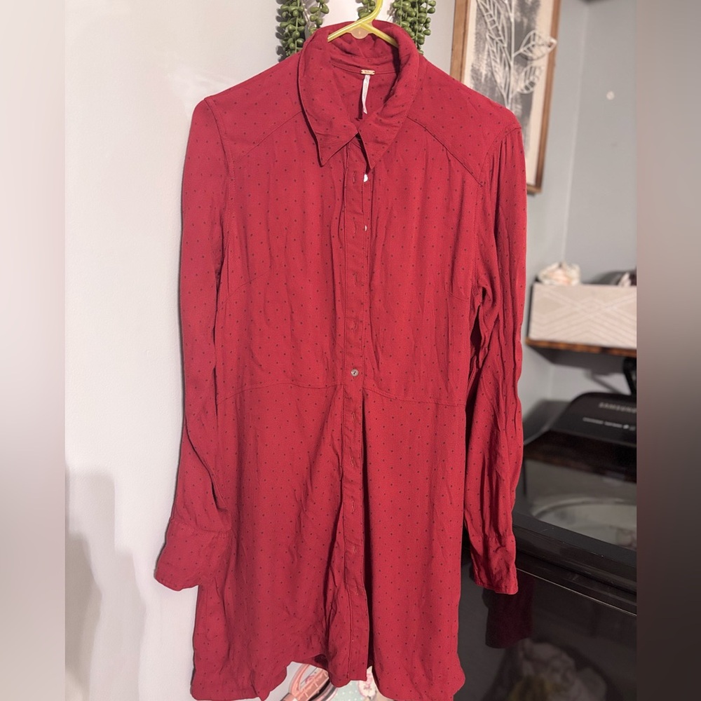 Free People Red black polka dot  Long Sleeve Dress